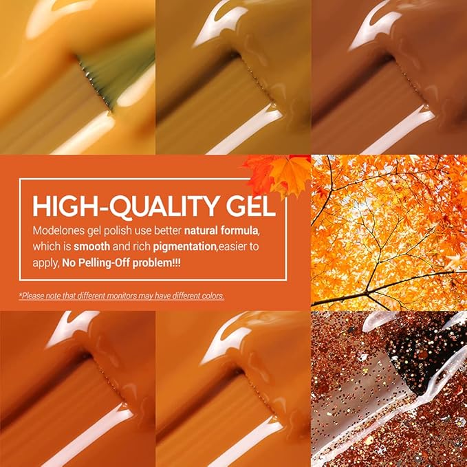 modelones Fall Gel Nail Polish Set, 6 Colors Orange Yellow Brown Glitter Gel Polish Soak Off Nail Kit Manicure DIY Nail Art Salon Home Gift for Women Girls