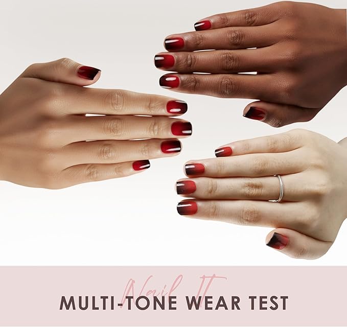 Semi Cured Gel Nail Strips – Real Gel Nail Polish Wraps for Brittle Nails | Long Lasting Easy Peel-Off Removal | Hema-Free | 20-Piece Red Black Ombre Salon Sticker Kit with File & Stick