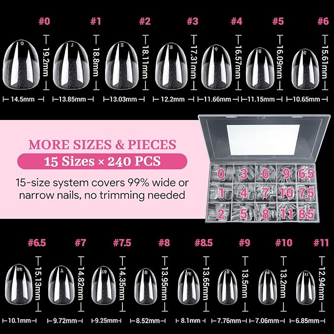 Short Oval Fake Nail Tips - 15 Sizes 240 PCS Clear Half Matte Press On False Nail Tips Pre-shaped Soft Full Cover Gel Nail Tips Extensions Thick Long Lasting for DIY Beginners & Salon Manicure