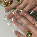 Star Rhinestones Press on Nails Medium Almond White Tips Glossy False Nails Stick on Design Full Cover Artificial Glue on for Women Girls DIY Art Decoration 24pcs