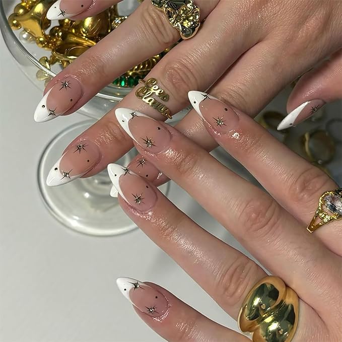 Star Rhinestones Press on Nails Medium Almond White Tips Glossy False Nails Stick on Design Full Cover Artificial Glue on for Women Girls DIY Art Decoration 24pcs