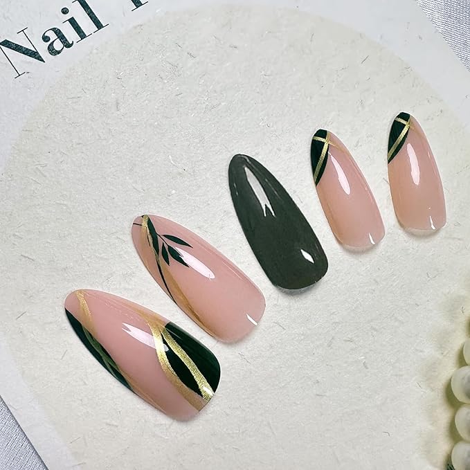 Green Press on Nails Short Almond Fake Nails with Designs Leaf False Nails Press ons Glue on Nails Glossy Full Cover Acrylic Nail Artificial Stick on Nail Manicure for Women 24Pcs