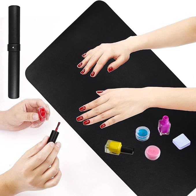 2 PCS Nail Art Table Mat, Soft Microfiber PU Leather Nail Pad, Foldable Nail Art Rest Pad, Reusable Nail Mat for Table Desk, Acrylic Nail Desk Mat for Nail Cushion (Black and Black)