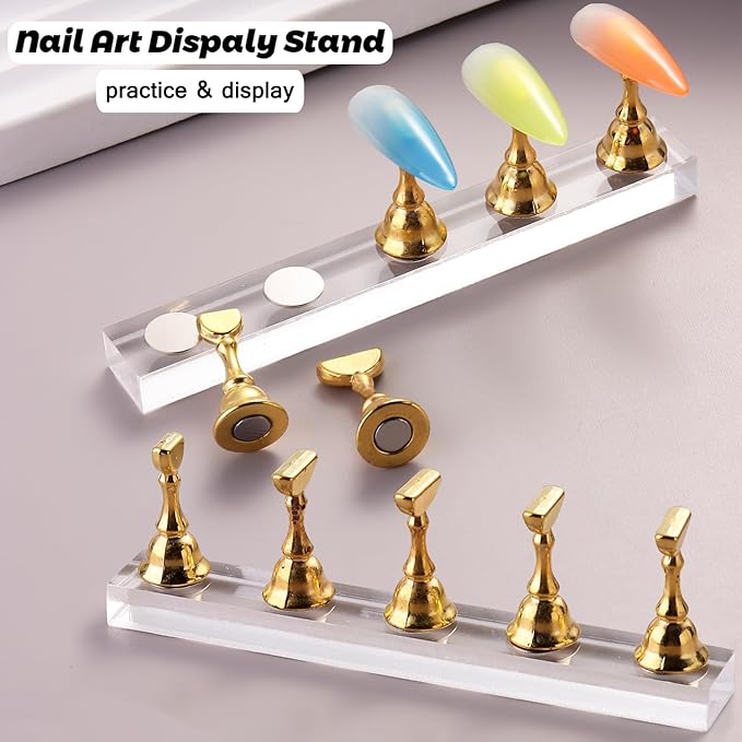 Nail Stand Set for Press Ons, Starter Design Tools Kit Practice Display 15PCS Nail Art Brushes 120PCS Clear Almond Fake Tips Nail Holder for Painting Double-Sided Adhesive Tape Home Manicure