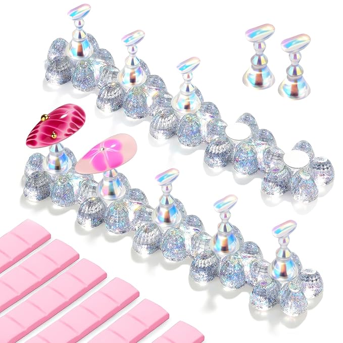Makartt Nail Stand: Clear Nail Holder for Painting Nails DIY, Magnetic Press on Stand for Art Display Practice, Clear Glitter Flower Fake Holder for Home Salon with Reusable Adhesive Putty