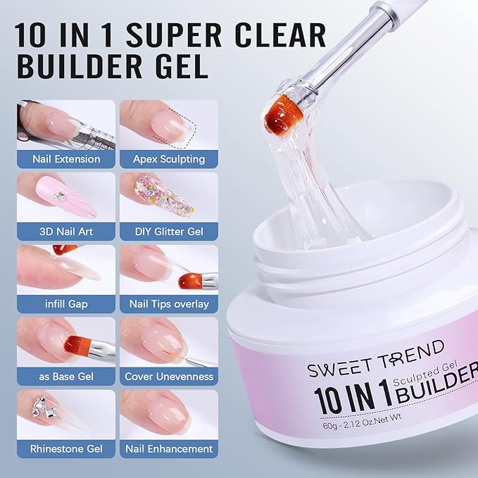 Clear Builder Gel for Nails: Sweet Trend 10 in 1 Hard Gel Scuplted Kit - 60g LED/UV Strengthen Nail Art for Base Rhinestone 3D Extension Sculpting Overlay Tips - Manicure Set with Forms & Brushes