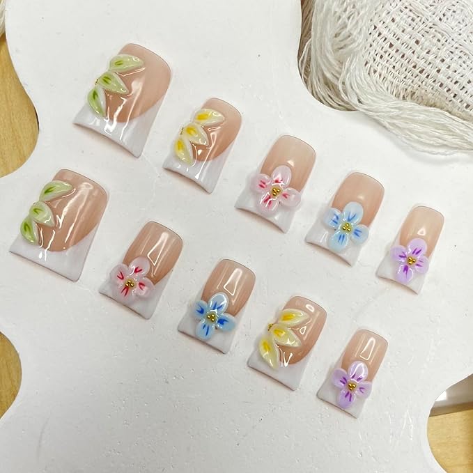 Handmade Press on Nails White French Press on Nails Short Duck Fake Nails Designs Colorful Flower False Nails Rhinestones Glossy Acrylic for Women Manicure Decoration (Size S)