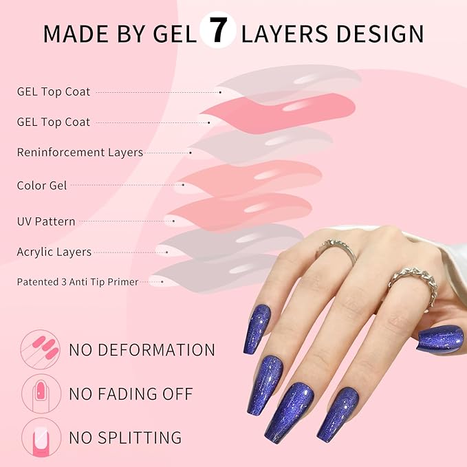 Dark Blue Cat Eyes Press On Nails,12 Sizes - 24 Pcs Soft Gel Blue Medium Coffin Fake Nails Kit with Nail Glue, Natural Reusable Stick On False Nails for Women and Girls SK0999