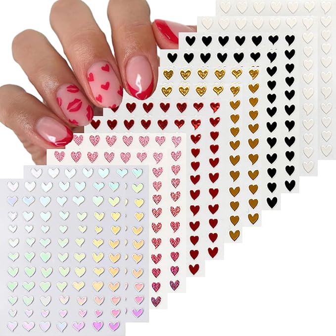 12 Sheets Valentine's Day Nail Art Stickers Decals Heart Nail Stickers Valentines Red Love Design 3D Self-Adhesive Nail Decals Colorful Manicure Supplies for Holiday Nail Art Decorations