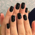 Modelones 32Pcs Black Press on Nails, Short Square Fake Nails, Reusable Nail Kit with Nail Glue Adhesive Tabs Mini Nail File, Nails Press Ons 16 Sizes, Women Girl Gift