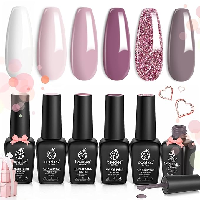 Beetles Wedding Gel Nail Polish Set - 6 Colors Nude Pink Mauve White Glitter Gel Polish Kit, Soak Off UV Led DIY Nail Art Home Manicure for Bride