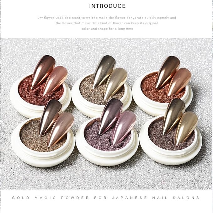 Rose Gold Nail Chrome Powders, 6 Colors Gold Chrome Powder for Nails Metallic Mirror Nail Powders Nail Art Decorations