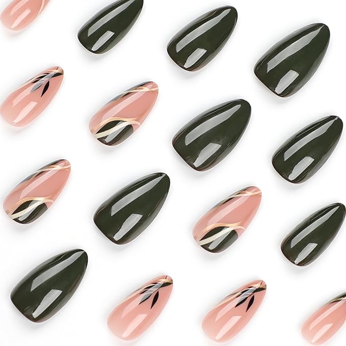 Green Press on Nails Short Almond Fake Nails with Designs Leaf False Nails Press ons Glue on Nails Glossy Full Cover Acrylic Nail Artificial Stick on Nail Manicure for Women 24Pcs