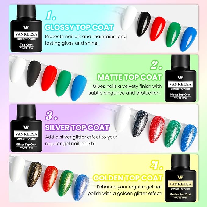 VANREESA 60 Pcs Gel Nail Polish Set 55 Colors Spring Summer Fall Winter Gel Polish with Base Coat & 4 Effects Top Coat Nail Kit Gifts for Women Girls Nail Art Salon at Home