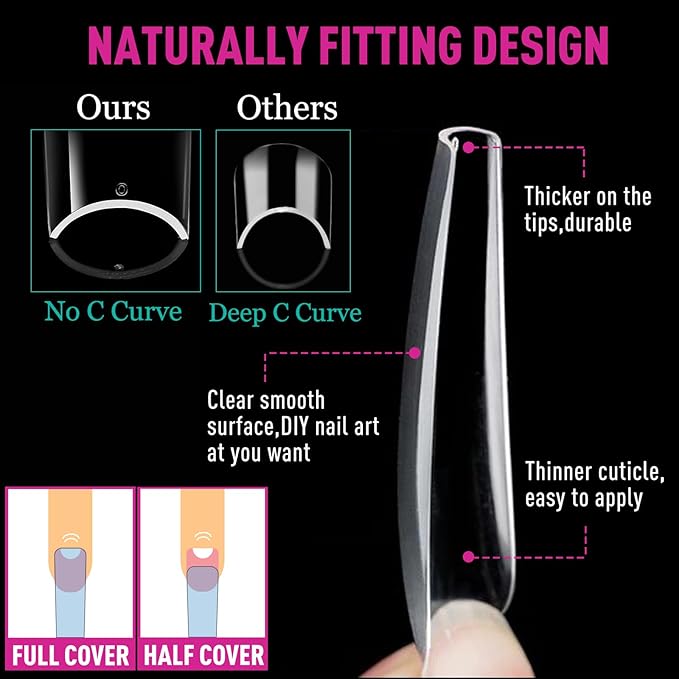 480PCS 3XL Long Clear Nail Tips - 2 Styles Soft Gel False Nails Extension Tips for Acrylic Nails Professional, Full Cover Square and Stiletto Press on Nails 12 Sizes, Nail Art Salon Home DIY Gift
