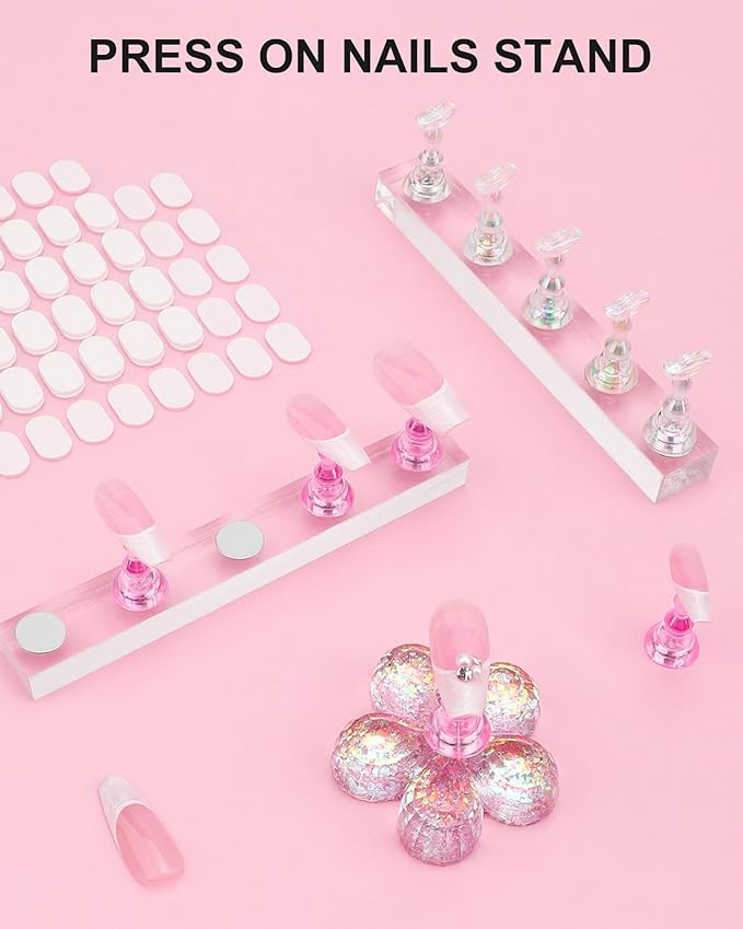 Nail Stand for Press Ons, Nail Holder for Painting Nails, Upgraded Solid Acrylic Magnetic Fake Nail Stands Tips, Flower Nail Holder with Double-sided Tape Practice Nail Art Tools