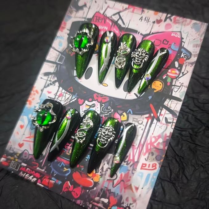 Handmade Press On Nails 10Pcs Dark Gothic Style Manual Vertical Pupil Fake Nails for Women Party Holiday Photo 3.2CM Size S