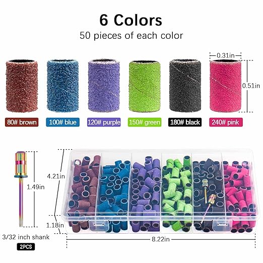 Sanding Bands for Nail Drill,300Pcs Nail Sanding Bands 80#100#120#150#180#240#Different Grit with 3/32Inch Mandrel Nail Drill Bits