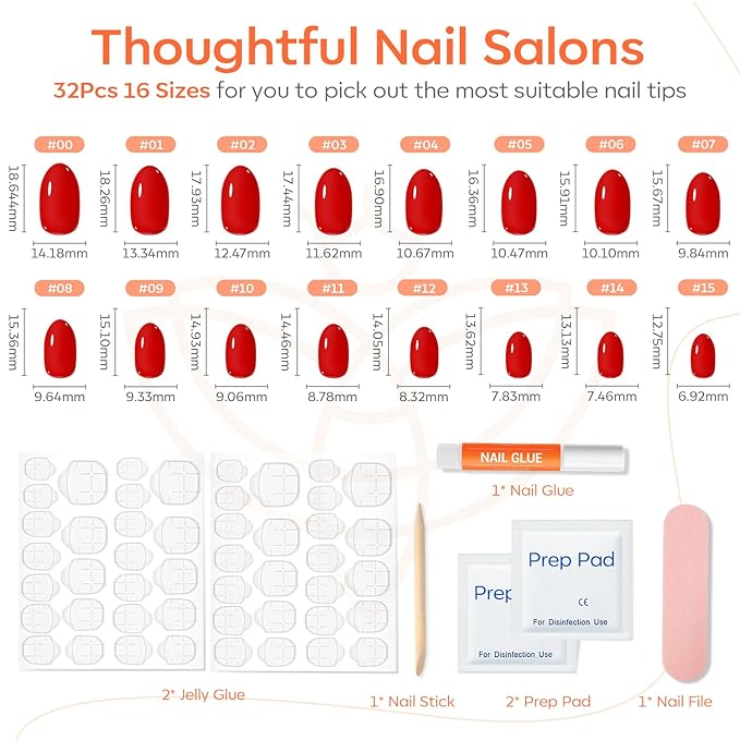 modelones Red Short Press on Nails Oval Fake Nails with Nail Glue, Adhesive Tabs, Nail File, Prep Pad, Manicure Stick, 32Pcs 16 Sizes, Women Girl Gift