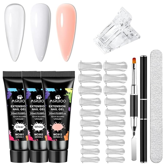 Poly Nail Gel Kit, 7PCS Clear White Pink Builder Nail Starter Kit De Polygel Para Uñas Completo with Dual Nail forms, Nail Clips for Polygel