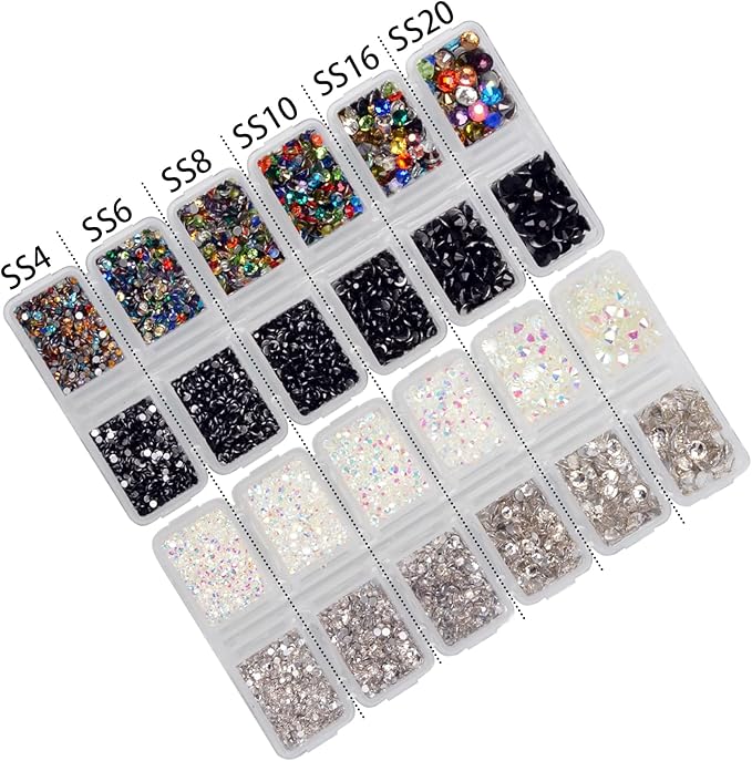 10000 Pieces Rhinestones 6 Sizes Round Crystal Glass Flat Back Rhinestones with 1Tweezers and 1Picking Pen for Nail Art Crafts Clothes Bags DIY (4 Colors)
