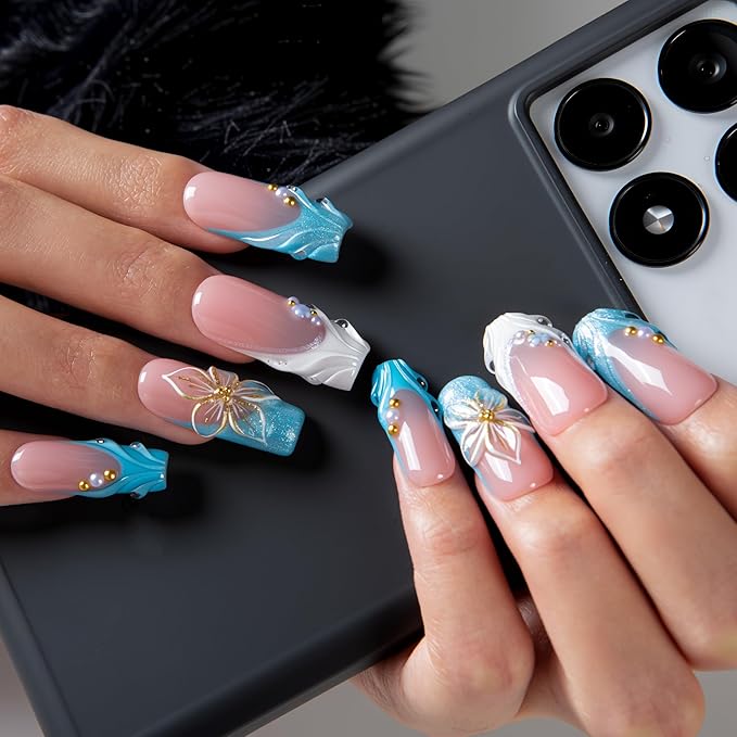 LOVFUL Short French Tip Press on Nails Glacial Blue | Handmade Acrylic Press ons| Reusable Fake False Nails | Square Classic Regular 1.3in | H714-M
