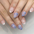Blue Flowers Press on Nails Short Oval Fake Nails with Floral Designs White French Tip False Nail Glossy Full Cover Artificial Fingernails Spring Summer Stick on Nail for Women 24Pcs