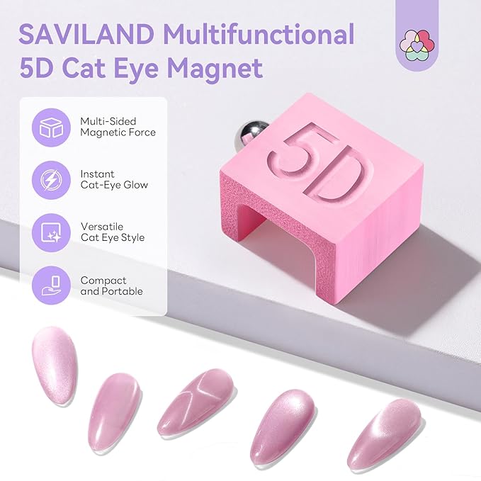 SAVILAND One-Step 5D Cateye Magnet for Nails: Ultra-Strong Magnatic Cat Eye Magnet Beginner-Friendly Nail Magnet Multifunctional Magnetic Wand with Magnetic Bead for Cat Eye Gel Nail Polish DIY Pink