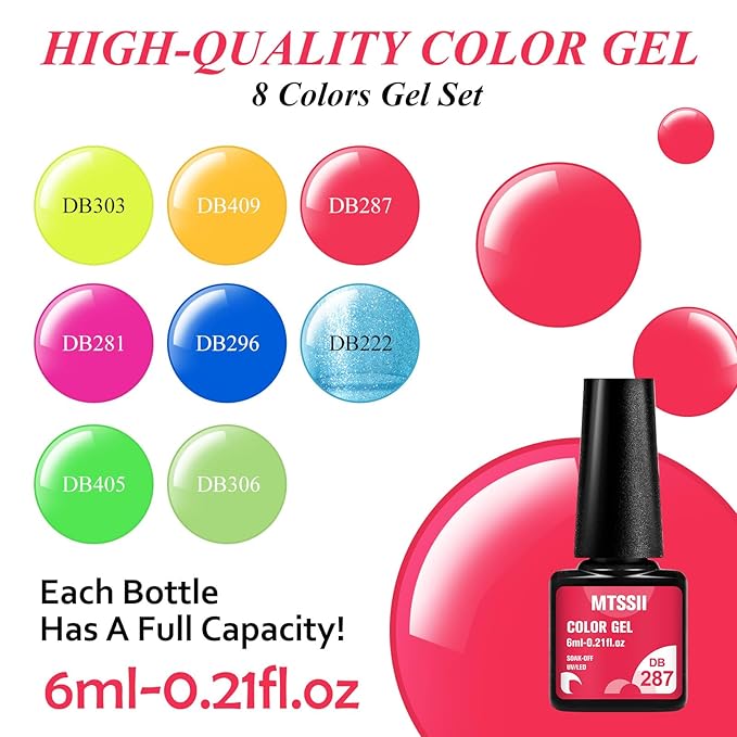 MTSSII Neon Gel Nail Polish Set, 8 Colors Hot Pink Orange Yellow Green Blue Red Neon Pastel Color Spring Summer Nail Polish Kit Fluorescent Gel Polish Set for Home DIY Manicure Nail Salon