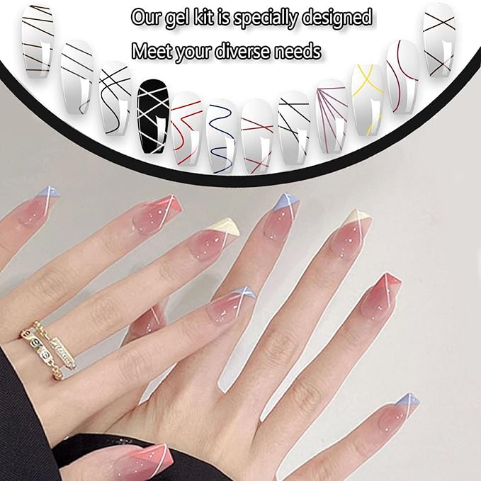 Gel Liner Nail Art Set 12 Colors Gold Black Glitter with Thin Brush Soak Off UV/LED Gel Nail Polish Liner at Home Salon DIY Manicure Gift for Women