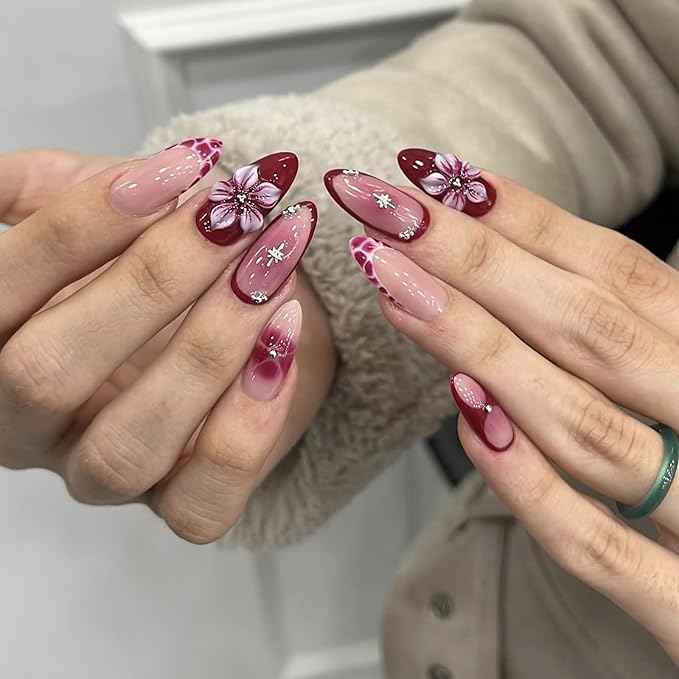 Press on Nails Medium Almond, Flower Fake Nails with Silvery Star Designs, Acrylic Nail French Tip Nails Press Ons, Glossy Purple Glue on Nail, Reusable Full Cover Stick on Nail for Women Manicure