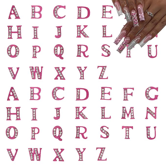 52 Pcs 3D Pink Nail Charms Letters Initial Charms for Nails Nail Letter Charms Alphabet Rhinestone Nail Charms for Nail Art Design Decoration DIY Craft
