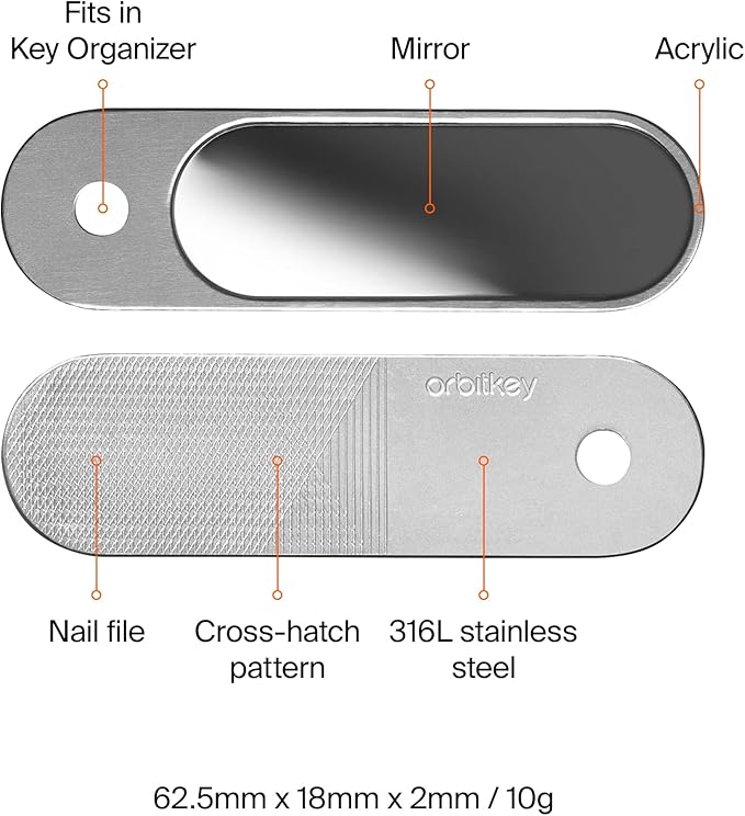Orbitkey Nail File & Mirror for Key Organizer or Key Ring, Add On | 2-in-1 Compact Beauty Tool Nail File & Mirror | Made with Stainless Steel, Slim and Durable