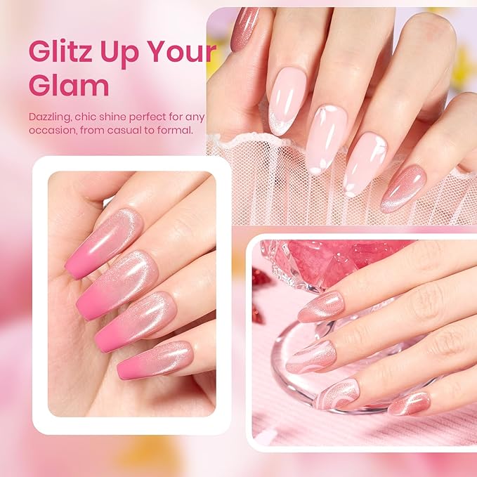 Beetles Pink Cat Eye Gel Nail Polish - 15ML Valentines Gel Polish Light Pink Cat Eye Shimmer Glitter Gel Polish with Magnet Soak Off UV Spring Encounter Nail Art Design Manicure Gifts for Women