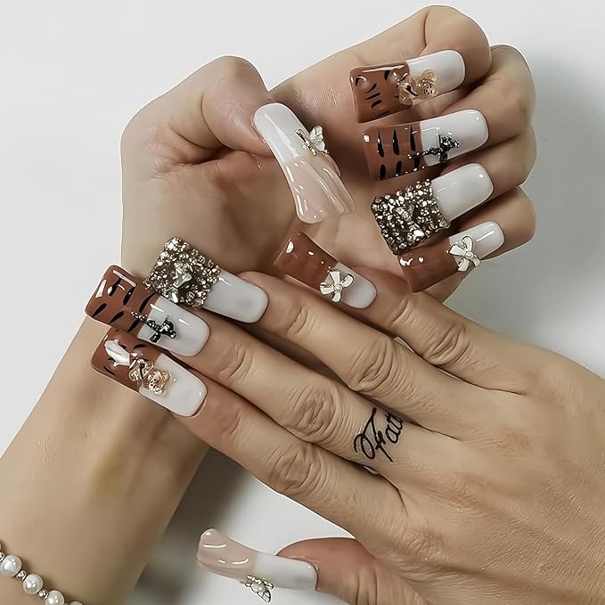 Duck Shaped Press on Nails Medium Handmade Fake Nails - French Tip Tiger Stripe Design with 3D Rhinestones Bow Charms Milk White Base False Nails (Diamond Tiger Pattern,S)