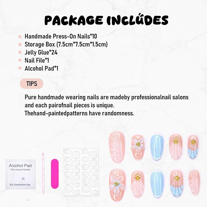 Flower Press on Nails Blue French Stick on Nails Short Almond Fake Nails Set Handmade 3D Flower Starfish Water Ripple Designs Thick Acrylic Nail Full Cover False Nail for Women (Size M)