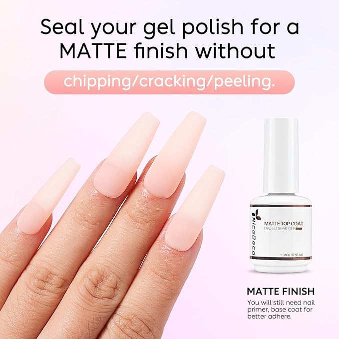 Nicedeco Hema Free Gel No Wipe Matte Top Coat 15ml Soak Off Cruelty Free Vegan Matte Finish Long Lasting Gel Nail Polish for DIY Home Nail Salon