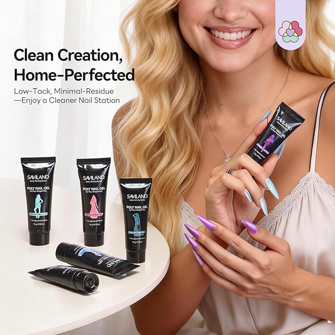SAVILAND Hema-Free Poly Gel Nail Kit: 6 Colors 28-Day Lasting Poly Gel, Fine Shimmer Pink Blue Purple Poly Extension Gel Nail Kit, Beginner-Friendly for Nourishing Nail Extension Enhancement Home DIY