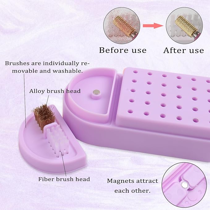 Nail Drill Bits Holder 2 in 1 Nail Drill Bits Cleaning Brush Case, 30 Holes Dustproof Acrylic Nail Drill Holder Storage Box, Nail Drill Bit Holder Stand Displayer Organizer for Home Salon Use (Purple)