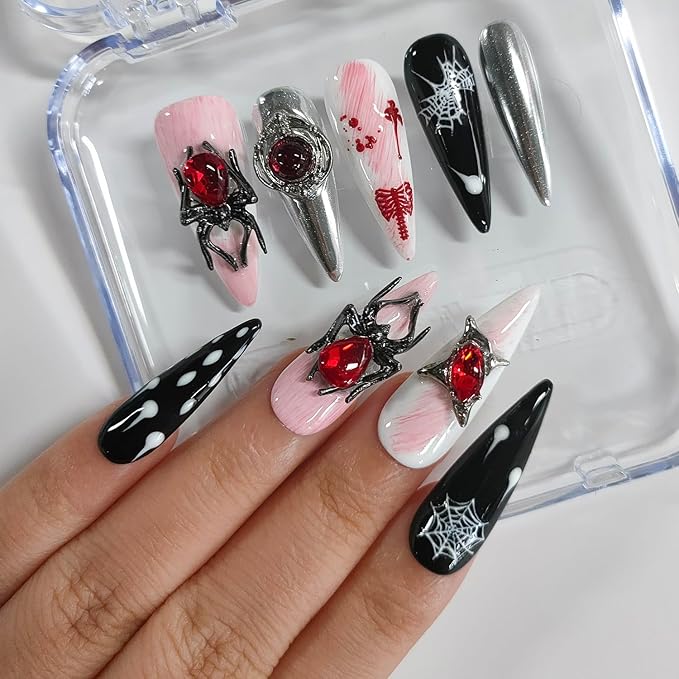 Halloween Handmade Press on Nails Long Almond 3D Nails Thick Acrylic Fake Nails Gothic False Nails with Spider Charms Rhinestones Designs Black&White Sturdy Nail Art Press on Nails 10Pcs(S)
