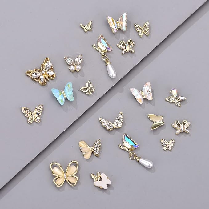 70pcs 3D Gold Butterfly Nail Charms - Luxury Y2K Nail Art Set with Gold Gems and Rhinestones