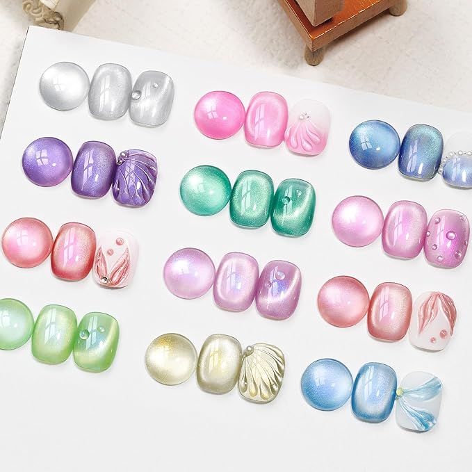 Pearl Mermaid Gel Nail Polish 12 Colors Magnetic Cat Eye Shimmer Glitter Gel Polish Spring Summer Colors Cat Eye Manicure Gift Soak Off Lamp Salon DIY at Home