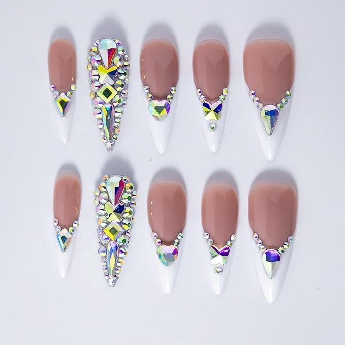10 Pieces Handmade Long Almond Press On Nails, White Thickened French False Nails With Rhinestone Decorate, Reusable Fake Nails Almond, Reusable Acrylic Nails (L)