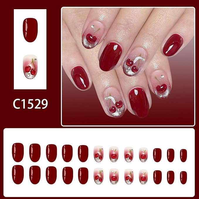 Almond Press on Nails Short Fake Nails Red Acrylic Nail Press ons SEENEEY Cat eyeCherry Stick on Nail for Women 24pcs