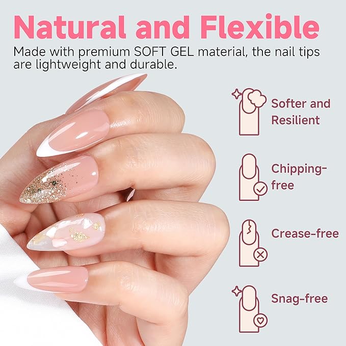 UNA GELLA Medium Stiletto Nails Tips,504Pcs Press-on Nails Stiletto Clear Gel Nail Tips, Full Cover Pre-Etched Fake Acrylic Nails, Sturdy for Nail Extensions Home Art Salon 12 Sizes