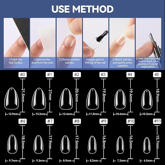 UNA GELLA Short Almond Nail Tips Pre-shape Short Almond Gel Nail Tips 216pcs Press on Nails 12 Sizes Soft Gel Acrylic Clear Fake Full Cover for Nails Extension Home DIY Salon