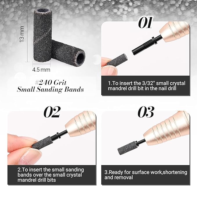 MelodySusie 120 Pcs Nail Drill Bits Small Sanding Bands for 3.1mm Mandrel Bit, 240 Extreme Fine Grit Nail File for Acrylic Nails Gel Manicures and Pedicure, Black (Only Sanding Bands)
