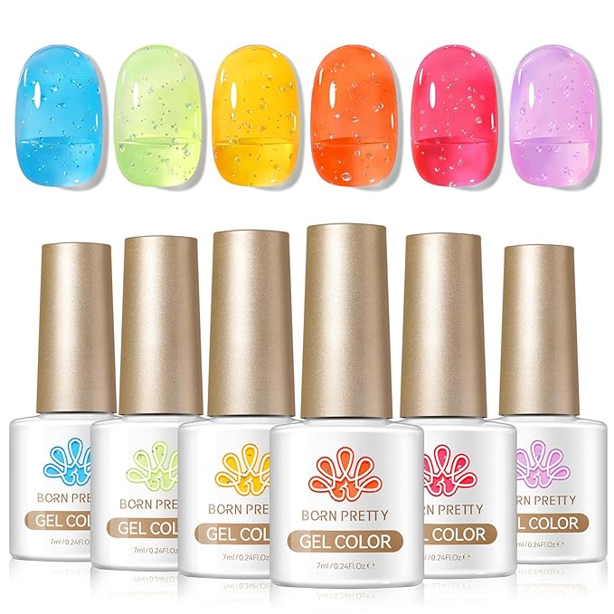 Born Pretty Jelly Pastel Gel Nail Polish Spring Summer Crystal Glass Translucent Bubble Gel Polish Pink Purple Green Blue Yellow Soak Off Gel Polish Kit for Salon Manicure and Nail Art DIY at Home