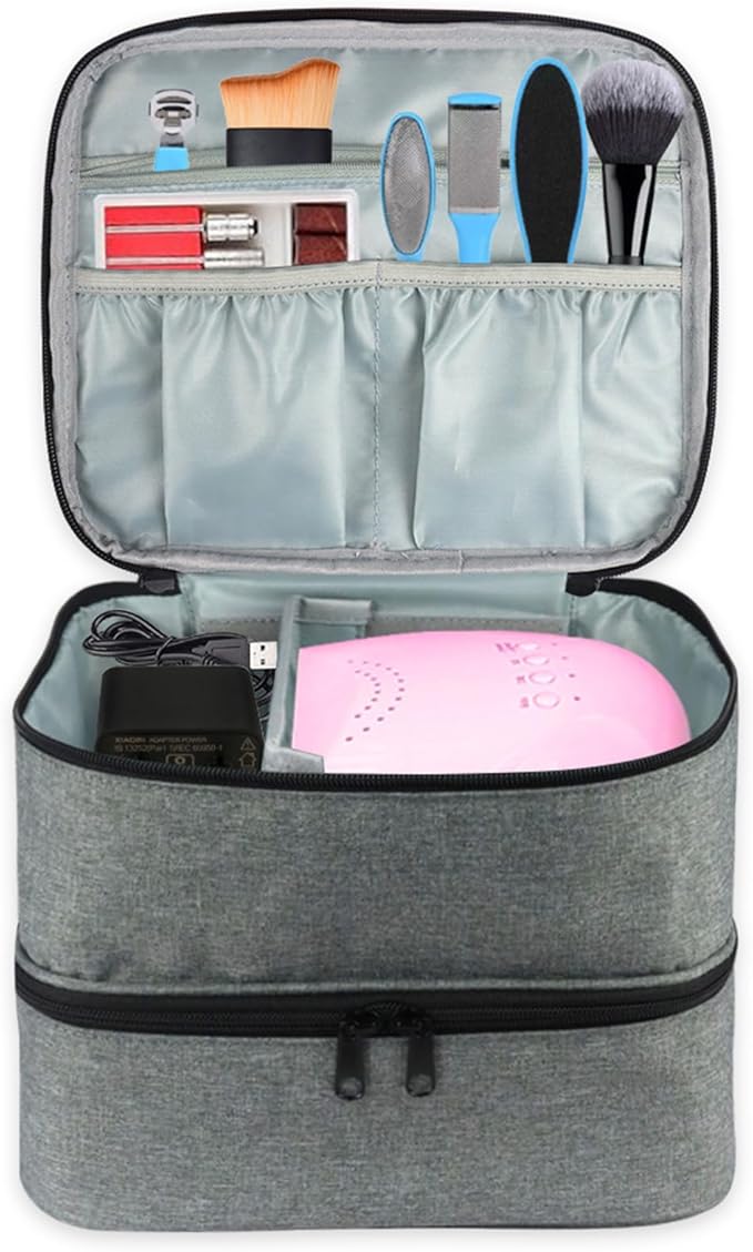 Meichoon Carrying Case Organizer 2 Layers Storage Holder Case with Adjustable Bottle Compartment 30 Bottles of Gel lamp and Manicure Tools Large Makeup Bag Travel with Removable Divider Gray