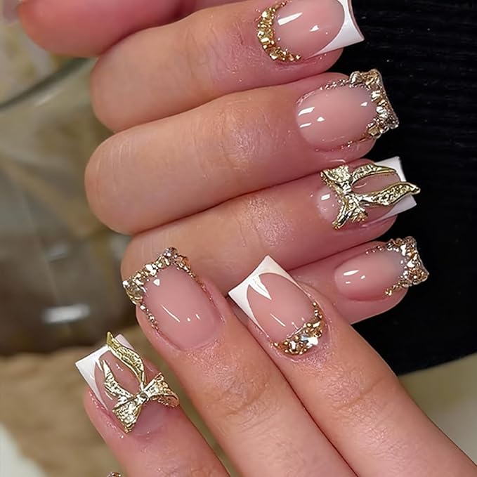 6 Packs (144 Pcs) | Reusable Press on Nails | Stick on Nails 12 Sizes-6 Styles | 3D Bow